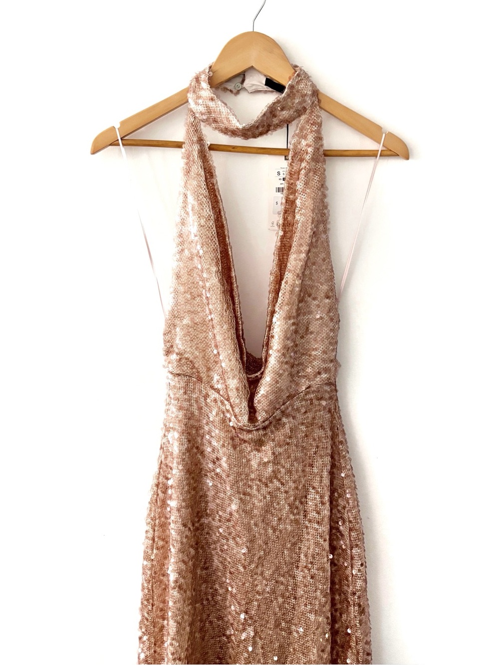 Zara Sequin Mesh Halter Neck Maxi Dress NWT Rose Gold Champagne Size Small - Picture 6 of 10